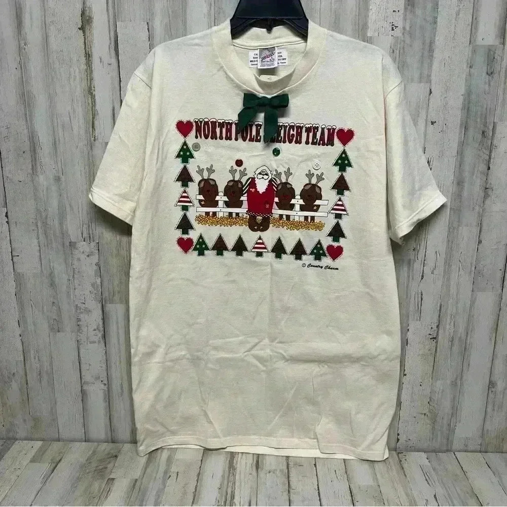 Vintage 90s Christmas Sleigh Team Jerzees t-shirt With With Buttons NWT